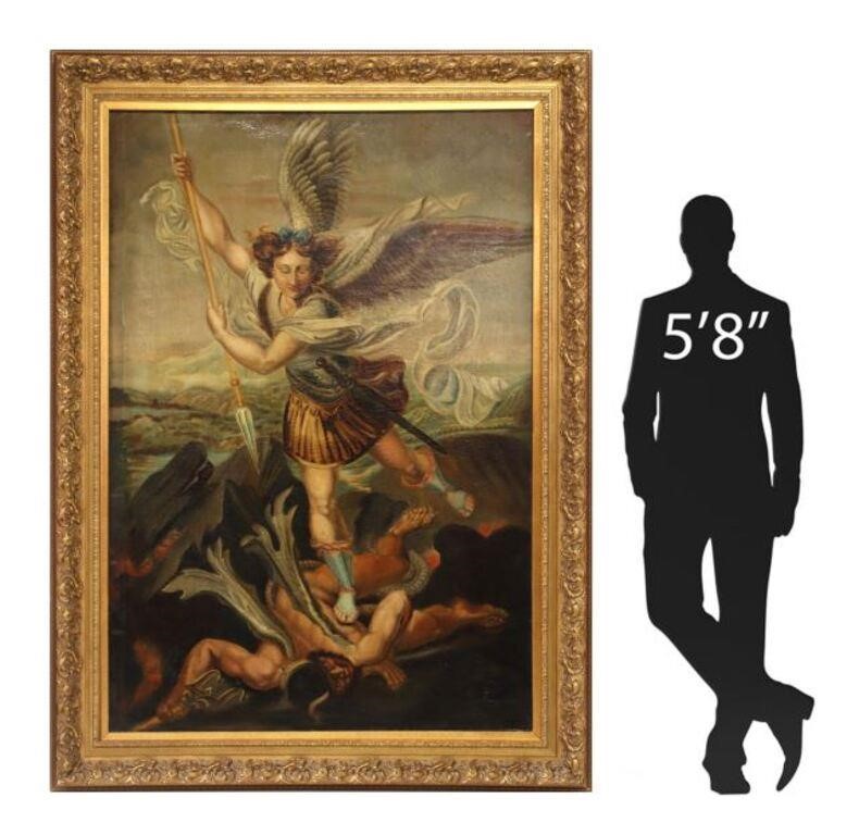 Appraisal: Framed oil on canvas painting Saint Michael Vanquishing Satan after