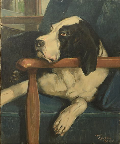 Appraisal: ILLEGIBLY SIGNED JAPANESE PAINTING OF A HOUND Dog at rest