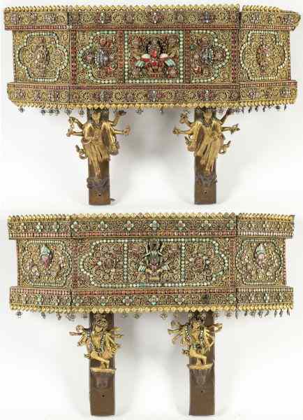 Appraisal: Pair of Nepalese Jeweled Wall Bracketscirca gilt bronze and silver