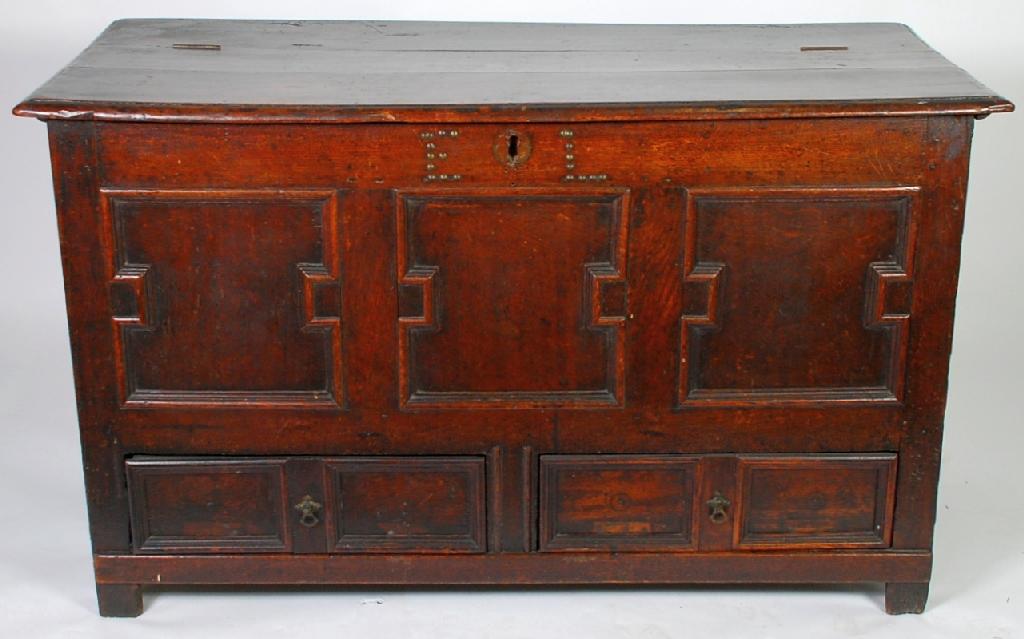 Appraisal: SEVENTEENTH CENTURY OAK MULE CHEST the rectangular top above a