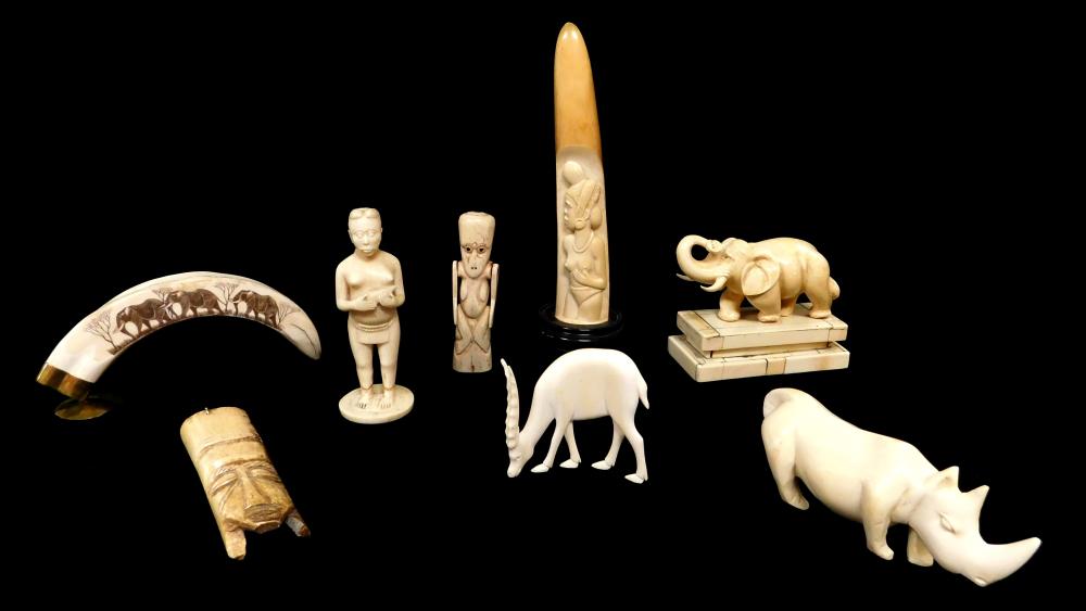 Appraisal: Eight carvings ivory and bone th C animal and tribal