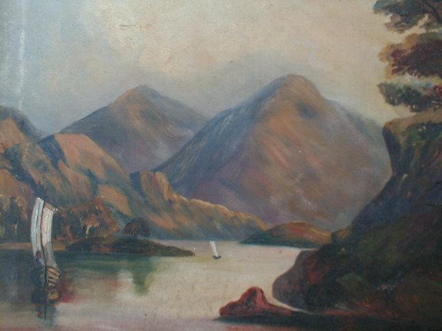 Appraisal: Anonymous thC Mountainous lake land landscape with sail boats oil