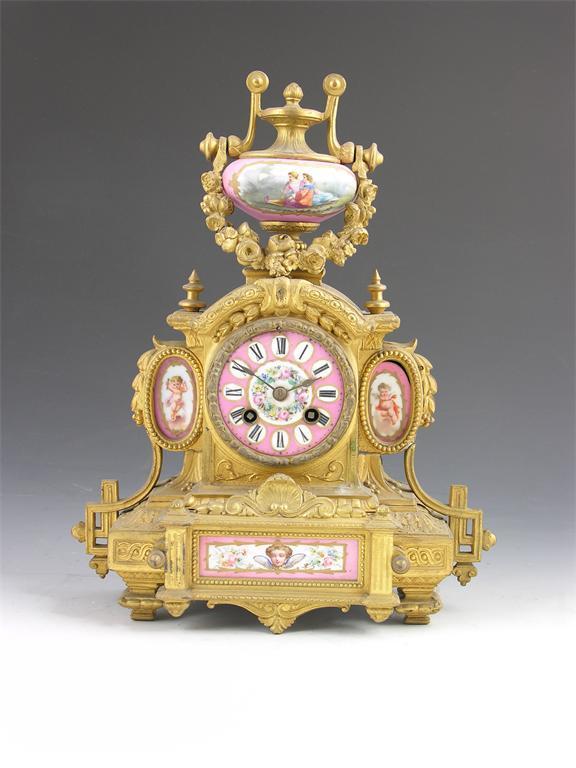 Appraisal: A French gilt spelter and porcelain mounted mantel clock