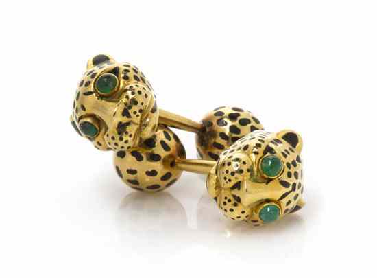 Appraisal: A Pair of Karat Yellow Gold Enamel and Emerald Leopard