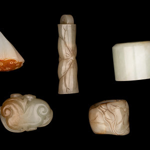 Appraisal: Five Chinese Carved Celadon Jade Articles comprising two archer's rings