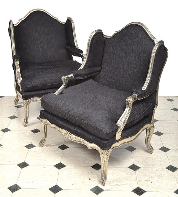 Appraisal: A PAIR OF LOUIS XV STYLE SILVER FOIL OVERLAID WINGBACK