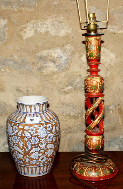 Appraisal: A KASHMIR TABLE LAMP with turned column and a Persian