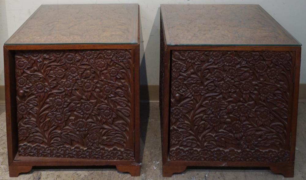 Appraisal: PAIR CHINESE CARVED TEAK SIDE CHESTS X X IN X