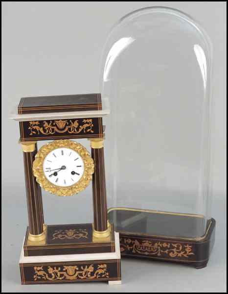 Appraisal: FRENCH PORTICO CLOCK Bearing marquetry inlay and bronze mountings throughout