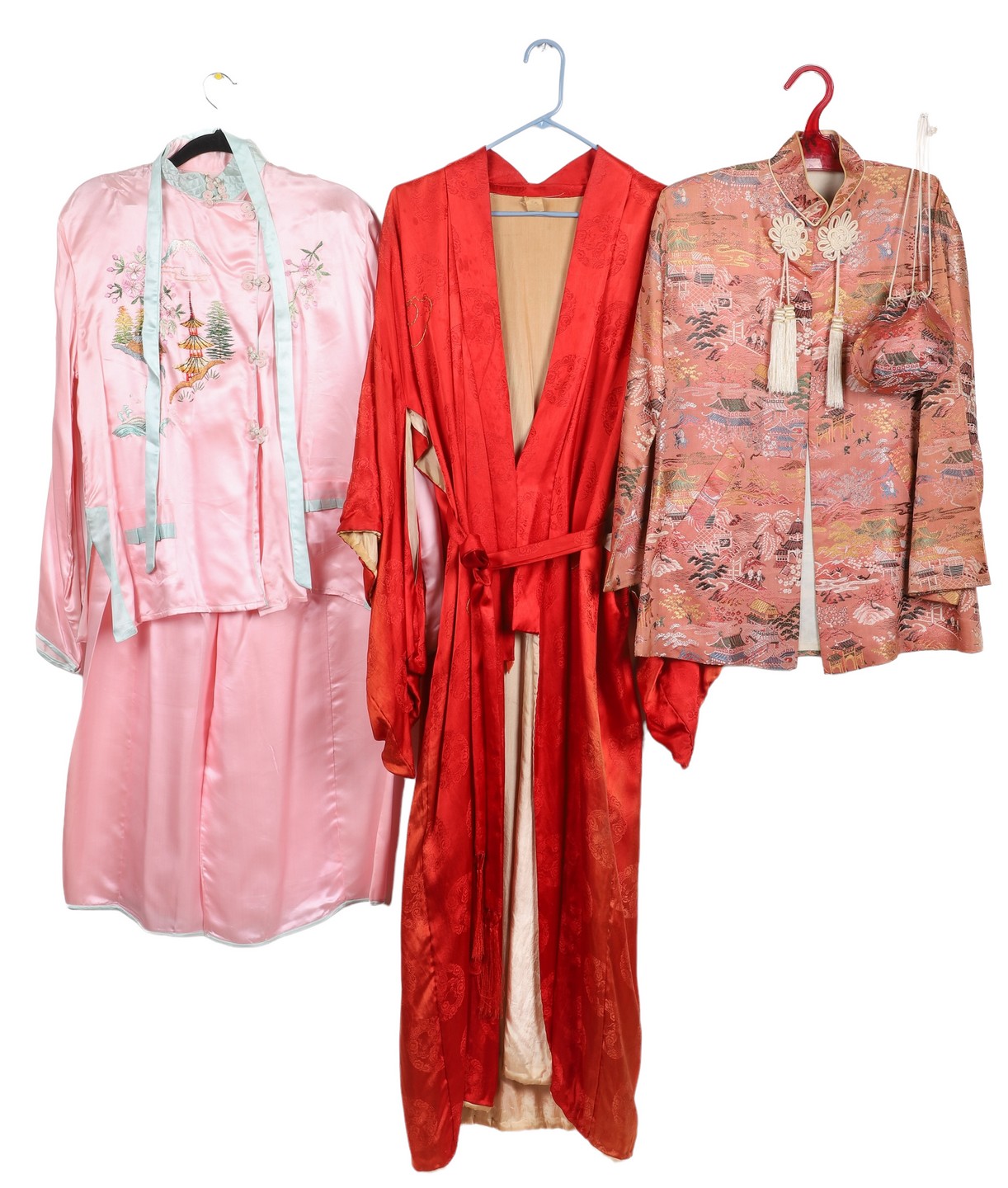 Appraisal: Asian Robe jacket and pajamas to include peach silk jacquard