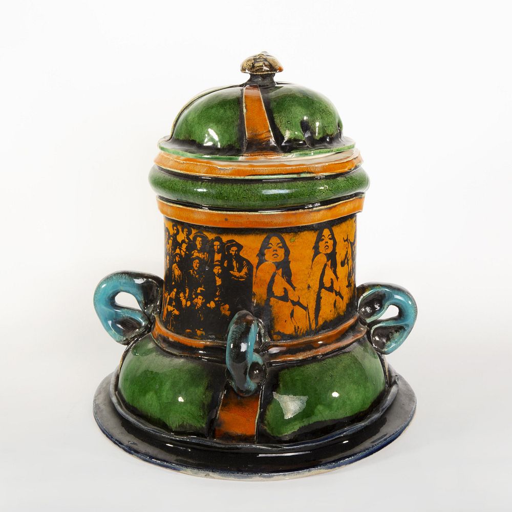 Appraisal: Erik Gronborg Lidded Vessel with Decal Design Erik Gronborg b