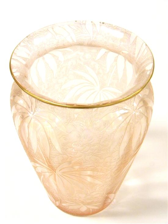 Appraisal: Etched art glass vase iridescent pink cast ice chip dahlia