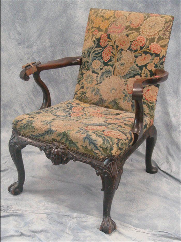 Appraisal: Irish Georgian carved mahogany armchair square upholstered back and seat