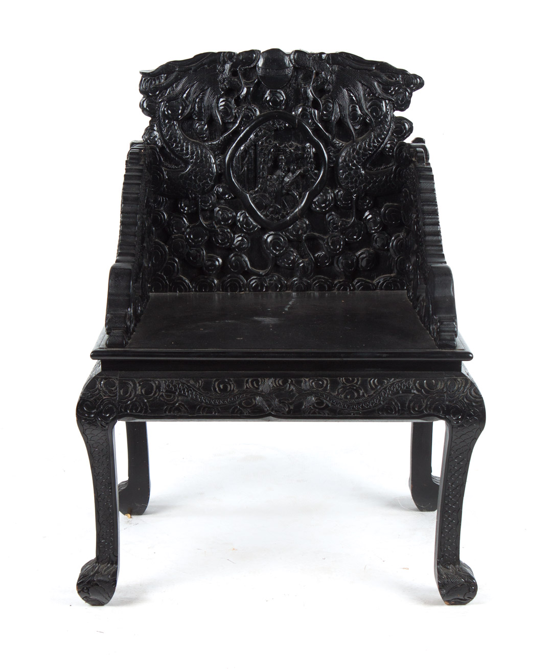 Appraisal: Japanese carved and ebonized wood armchair first half- th century