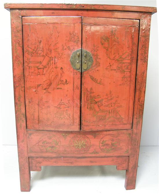 Appraisal: th century Chinese red lacquered cabinet with two doors and