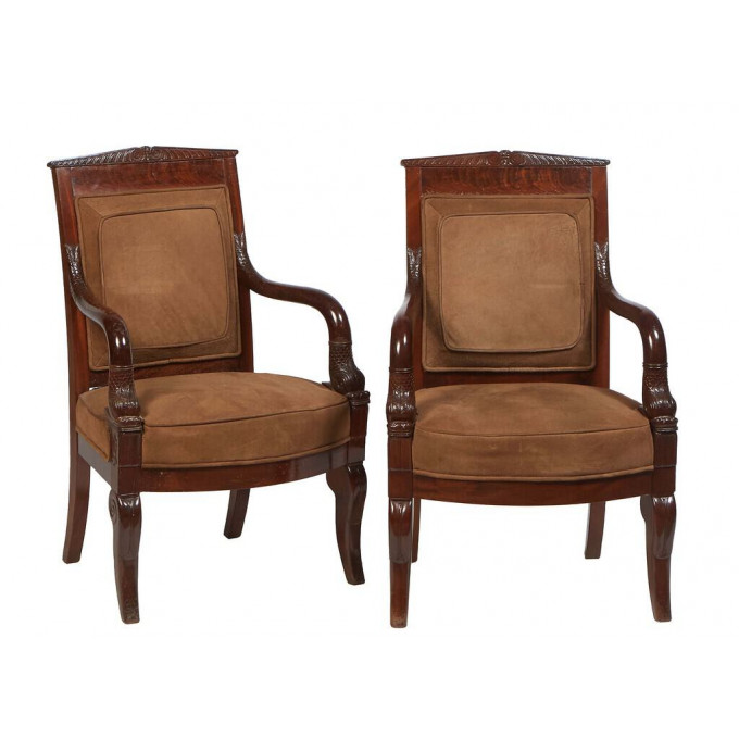 Appraisal: Pair of French Empire Style Carved Mahogany Fauteuils th c