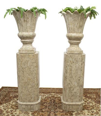 Appraisal: lot of Contemporary stone tiled urns on pedestals late th