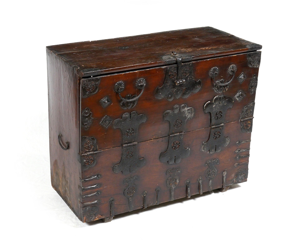 Appraisal: ORIENTAL IRON STRAPWORK CAMPAIGN CHEST Dovetail and nail construction single