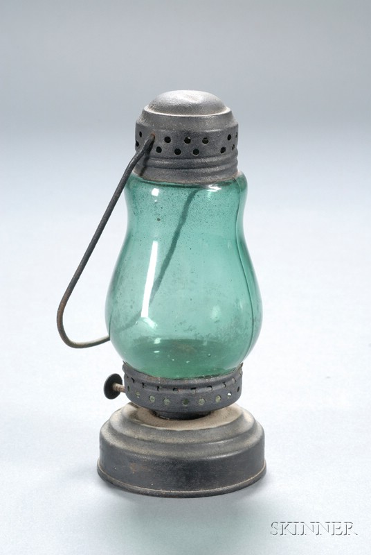 Appraisal: Emerald Green Glass and Tin Skater's Lamp America late th