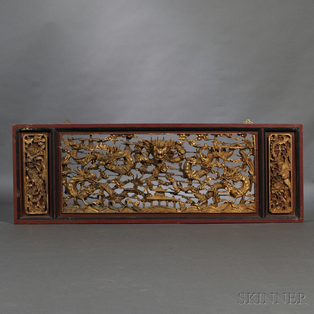 Appraisal: Gilt and Painted Wood Panel China th century rectangular comprised