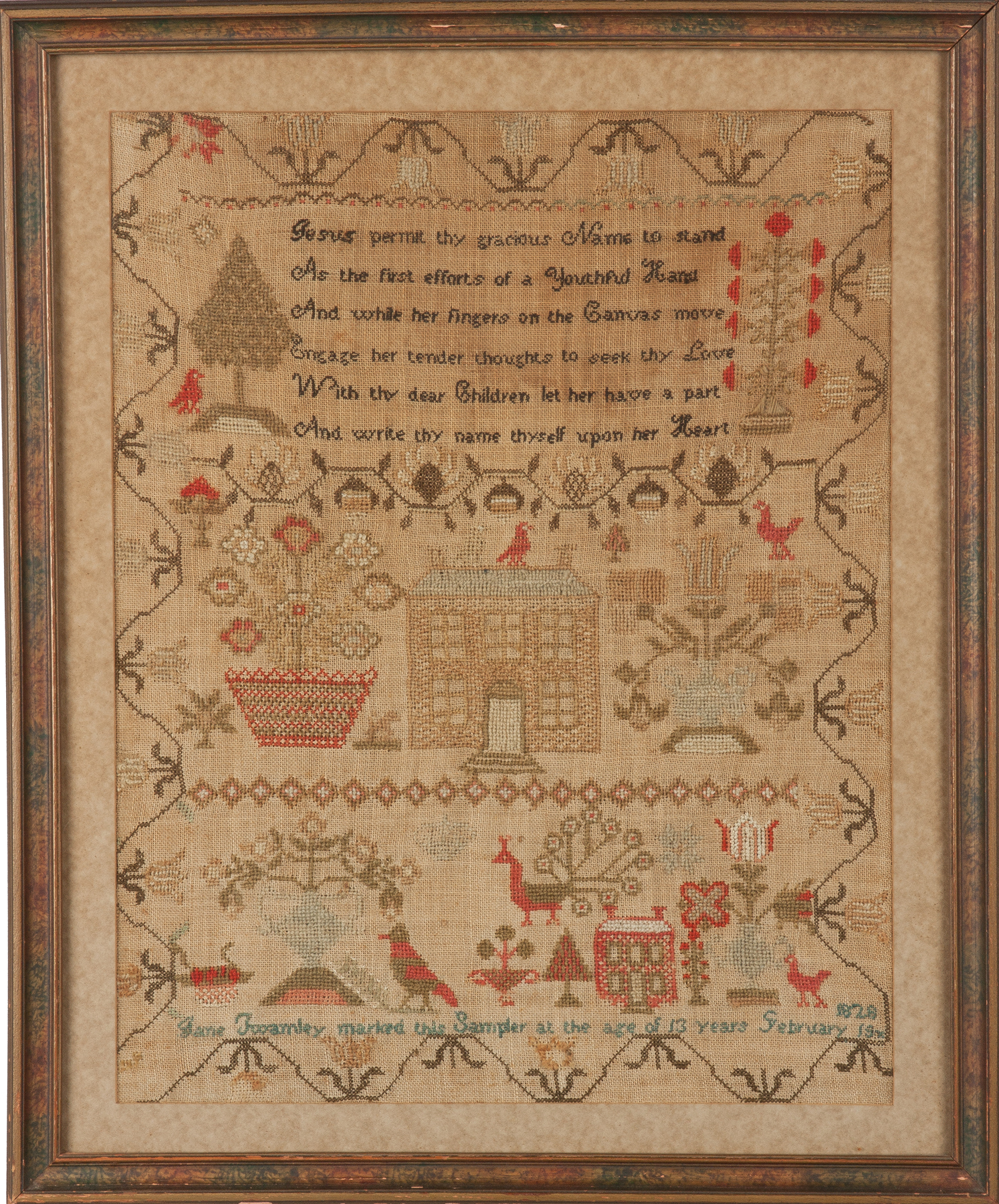 Appraisal: Sampler with Birds Flowers Houses Jane Twamley marked this sampler