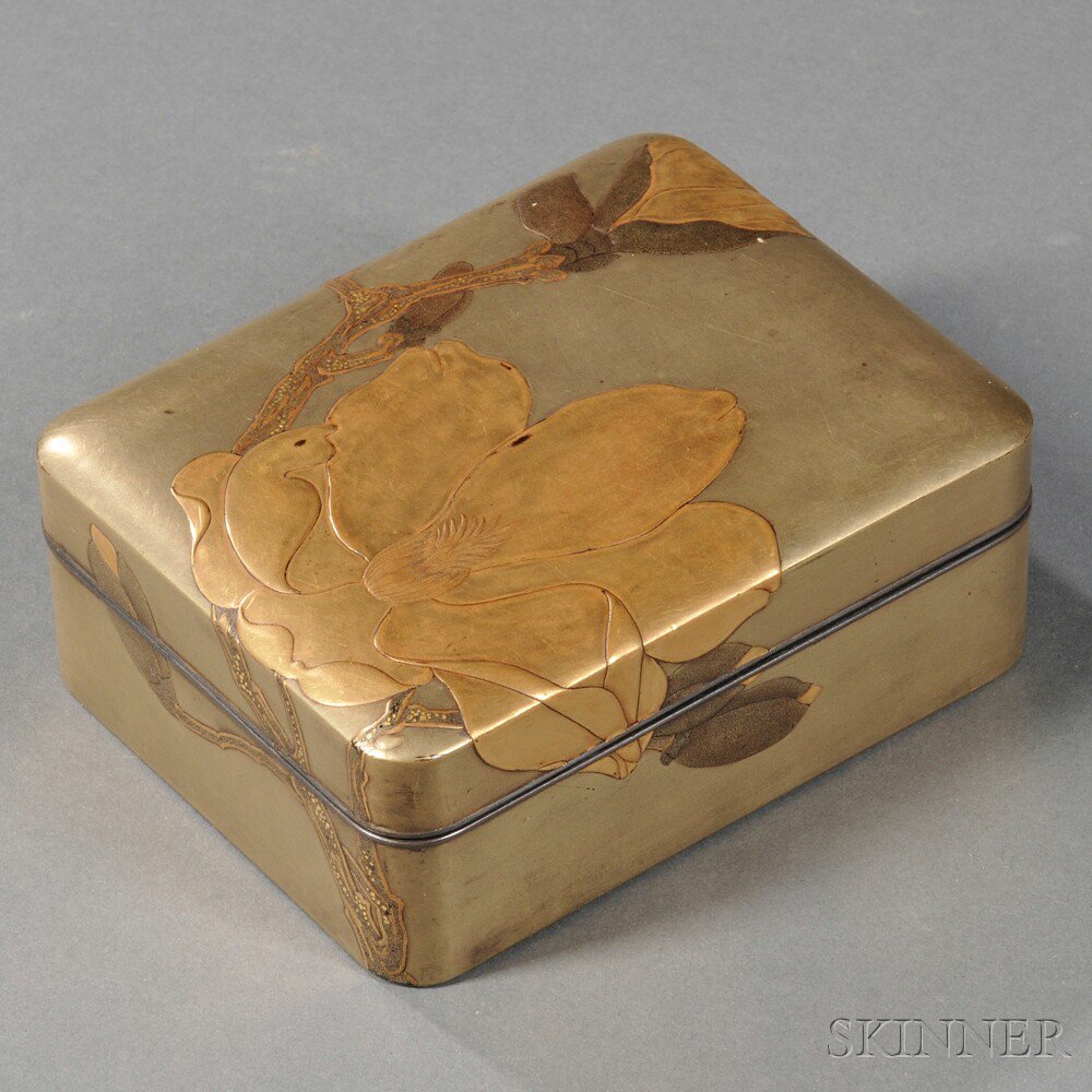 Appraisal: Makie Lidded Box Japan th century rounded rectangular with slightly