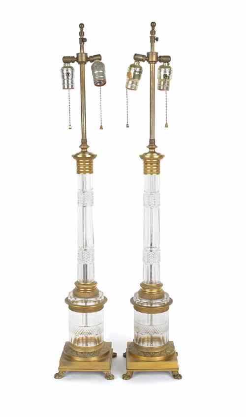 Appraisal: Pair of French bronze and glass table lamps th c