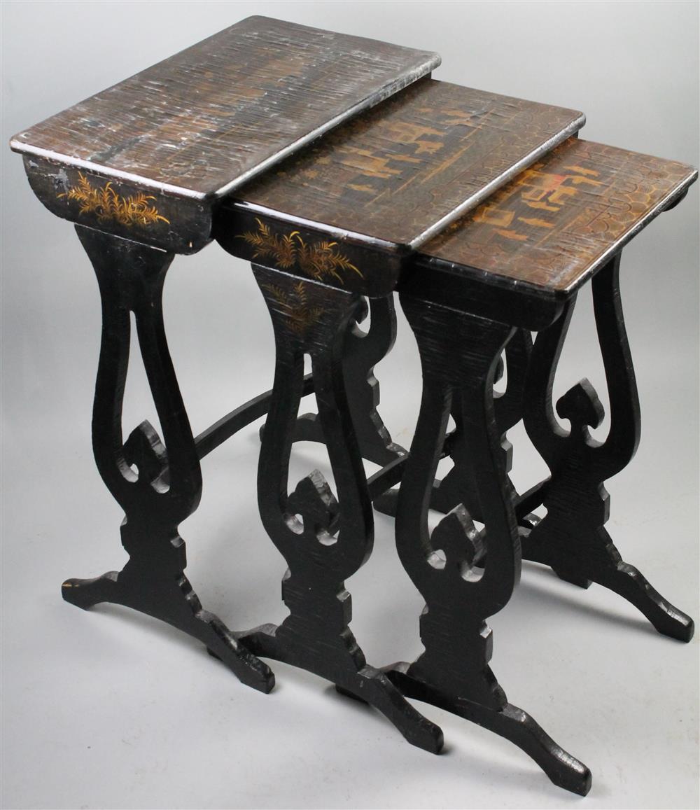 Appraisal: CHINESE EXPORT NEST OF THREE GILT DECORATED BLACK LACQUER TABLES