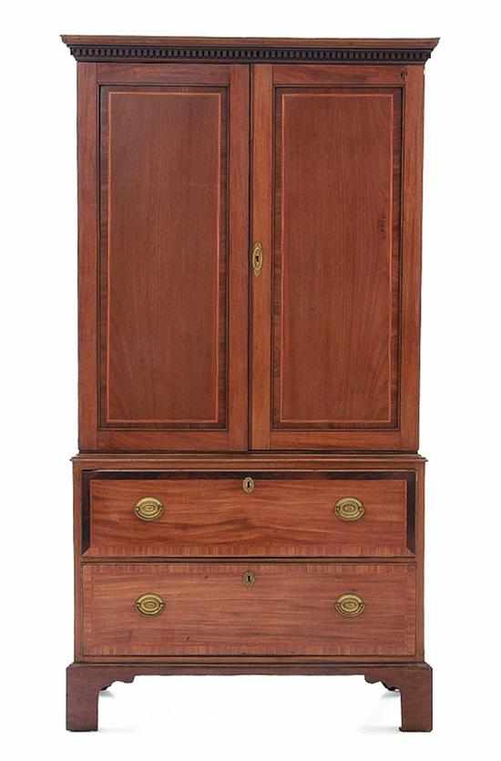 Appraisal: Georgian style inlaid mahogany linen press mid th century top