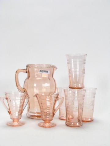 Appraisal: Group of Pink Depression Glass including an etched pitcher with