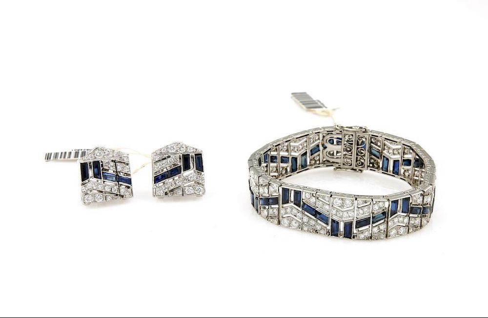 Appraisal: Platinum Sapphire Diamond Earring Bracelet Set Platinum Sapphire Diamond Earring