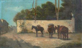 Appraisal: Elena Hernandez Street Scene with Horses oil on canvas signed