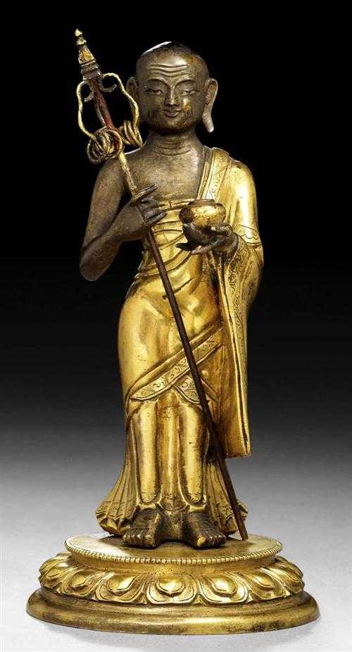 Appraisal: BEGGING MONK Sino-Tibetan th century H cm Gilt copper alloy