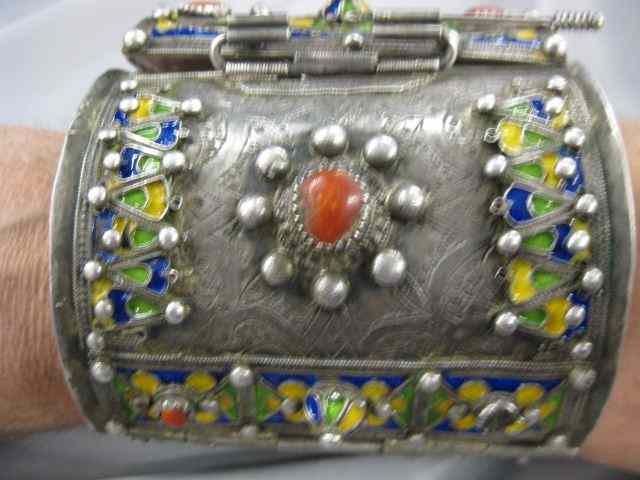 Appraisal: Sterling Enameled Coral Bracelet tribal style '' wide '' opening