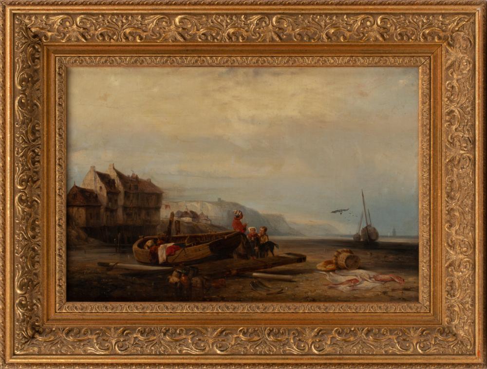 Appraisal: Continental School th c Fisherfolk on the Beach oil on