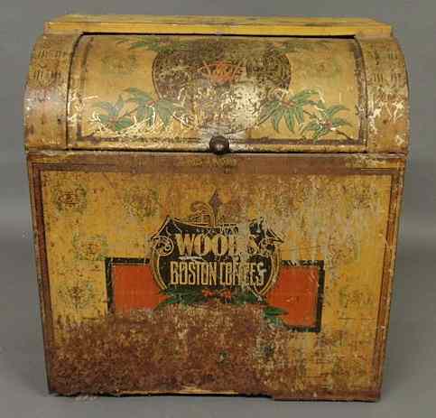 Appraisal: Painted tin coffee bin Woods Boston Coffees h x w