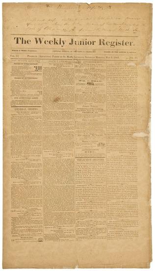 Appraisal: CIVIL WAR -- Wallpaper Newspaper The Weekly Junior Register Franklin