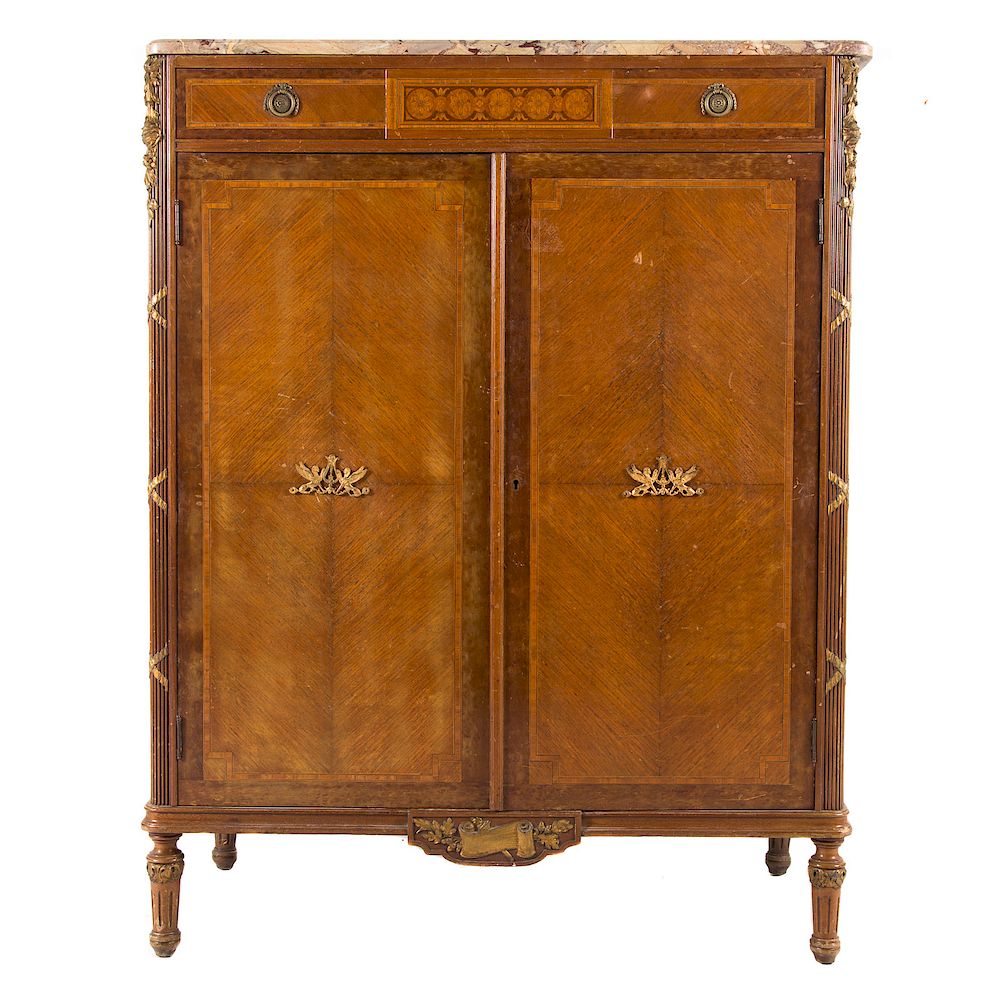 Appraisal: Louis XVI style inlaid marble top chiffonier early th century