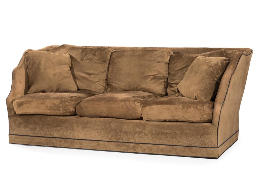 Appraisal: Contemporary Baker Upholstered Sofa brown fabric with black piping h