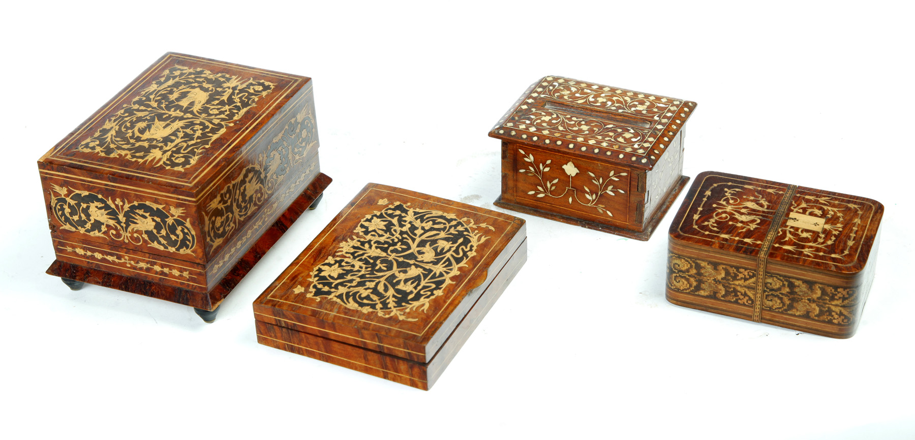 Appraisal: FOUR INLAID BOXES European Exotic woods with sapwood and bone