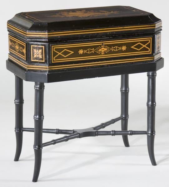 Appraisal: Inlaid Ebonized Box on Stand late th century the hinged