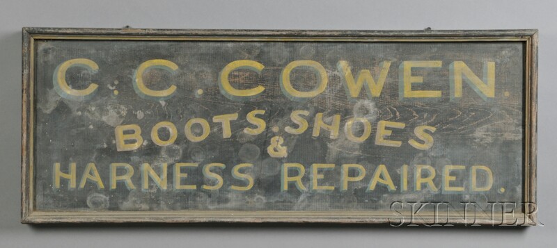 Appraisal: Lot Painted C C COWEN BOOTS SHOES HARNESSES REPAIRED Trade