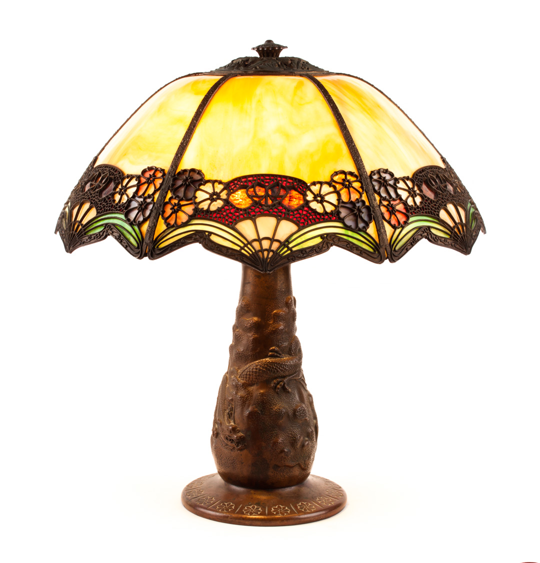 Appraisal: Arts Crafts copper and slag glass table lamp possibly Bradley