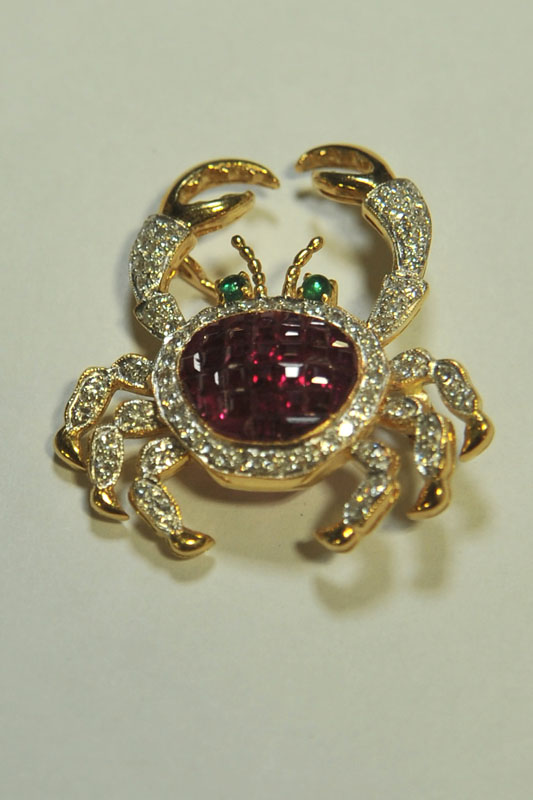 Appraisal: DIAMOND BROOCH In the form of a crab with Ruby