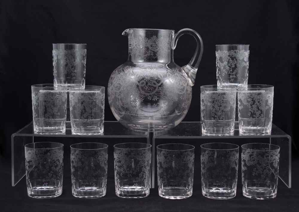 Appraisal: EARLY NEEDLE ETCHED GLASS PITCHER AND TUMBLERS Bulbous body with