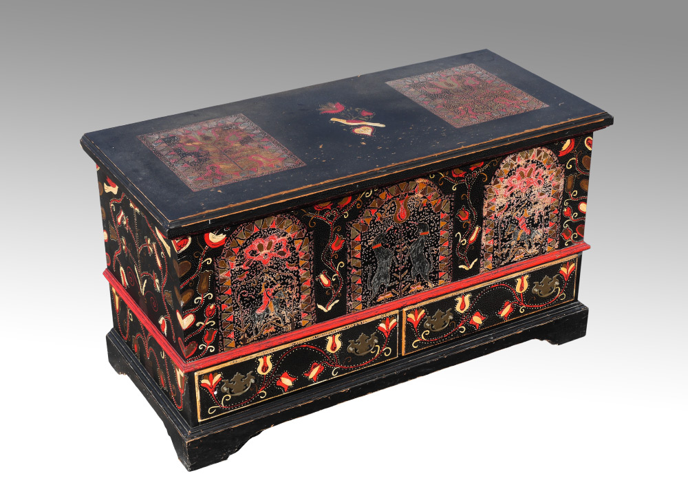 Appraisal: TH CENTURY PAINTED BLANKET CHEST Paint decorated with floral and