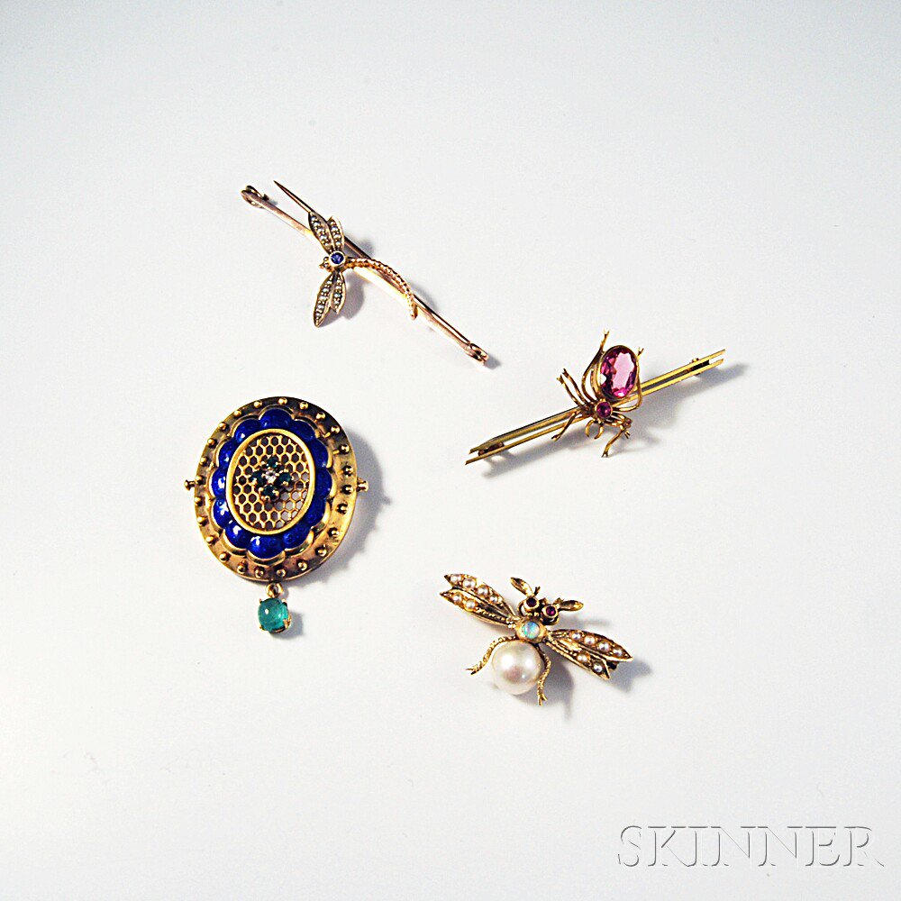 Appraisal: Four Gem-set Brooches three kt gold a dragonfly bar pin