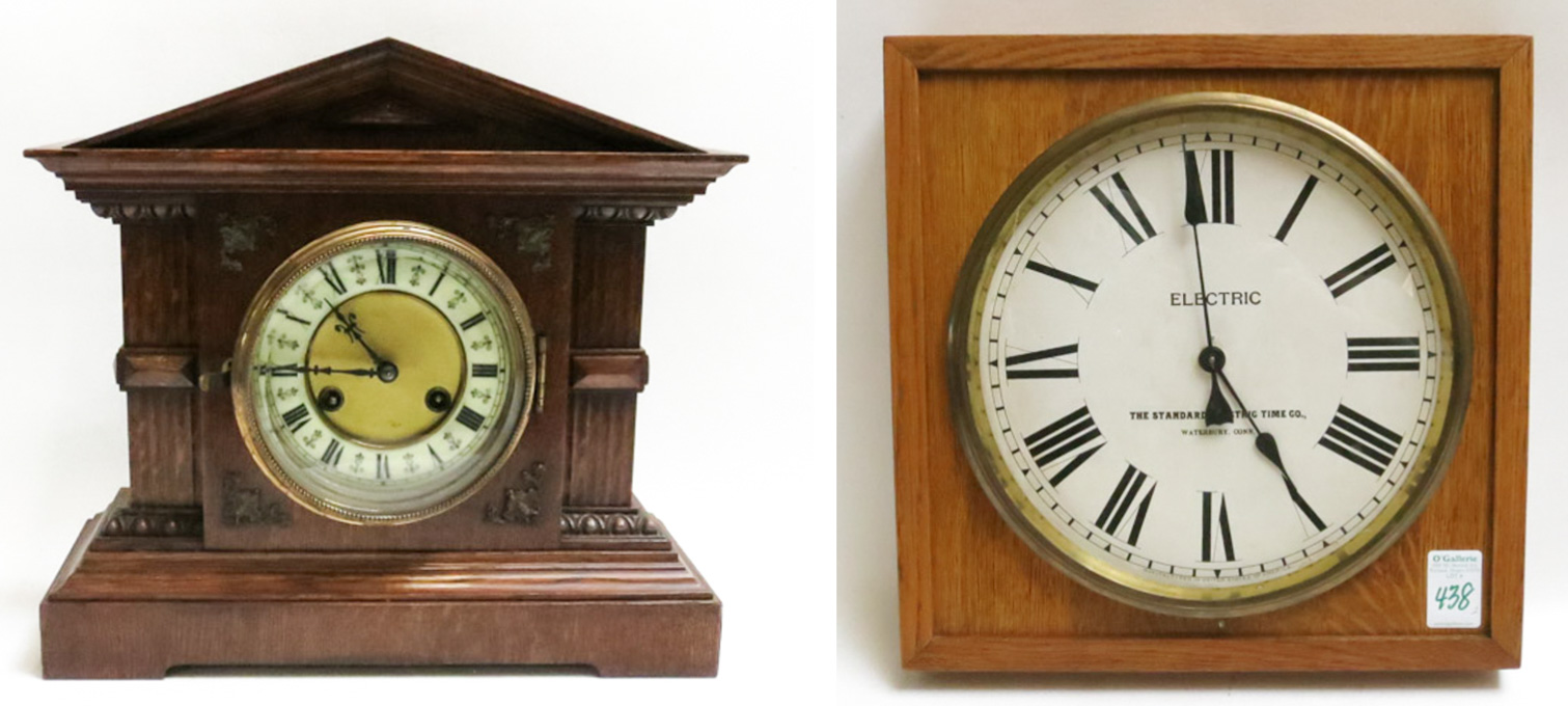 Appraisal: TWO OAK CASE CLOCKS square electric wall clock by The