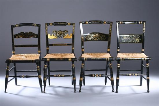 Appraisal: FOUR SIMILAR STENCIL-PAINTED HITCHCOCK SIDE CHAIRS th century with woven