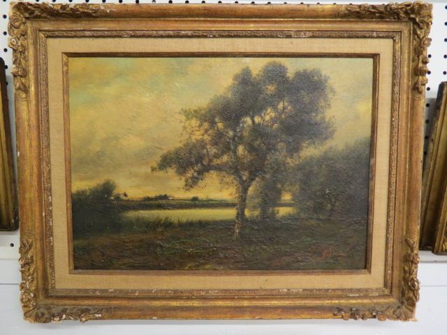 Appraisal: Jules Dupre Oil landscape with farms in distance on panel